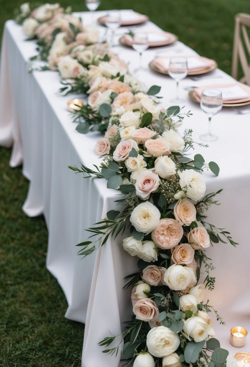 A soft color palette of blush and ivory florals cascading down a white tablecloth, accompanied by delicate greenery and scattered tea lights