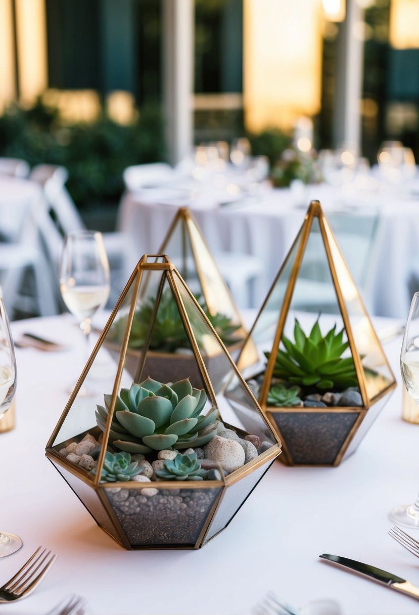 Geometric terrariums with succulents on a modern wedding table