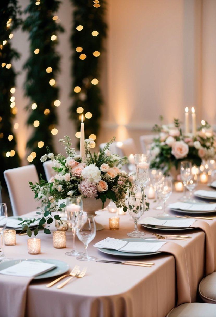Elegant wedding table set with blush linen tablecloths, adorned with delicate floral centerpieces and sparkling candlelight