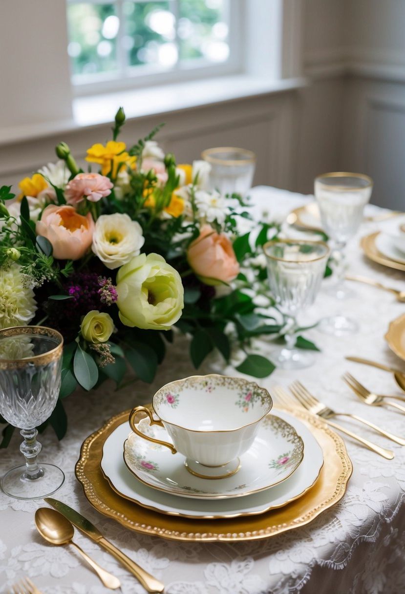 A vintage china tea set arranged on a lace tablecloth with fresh flowers and gold cutlery for an elegant modern wedding table decoration