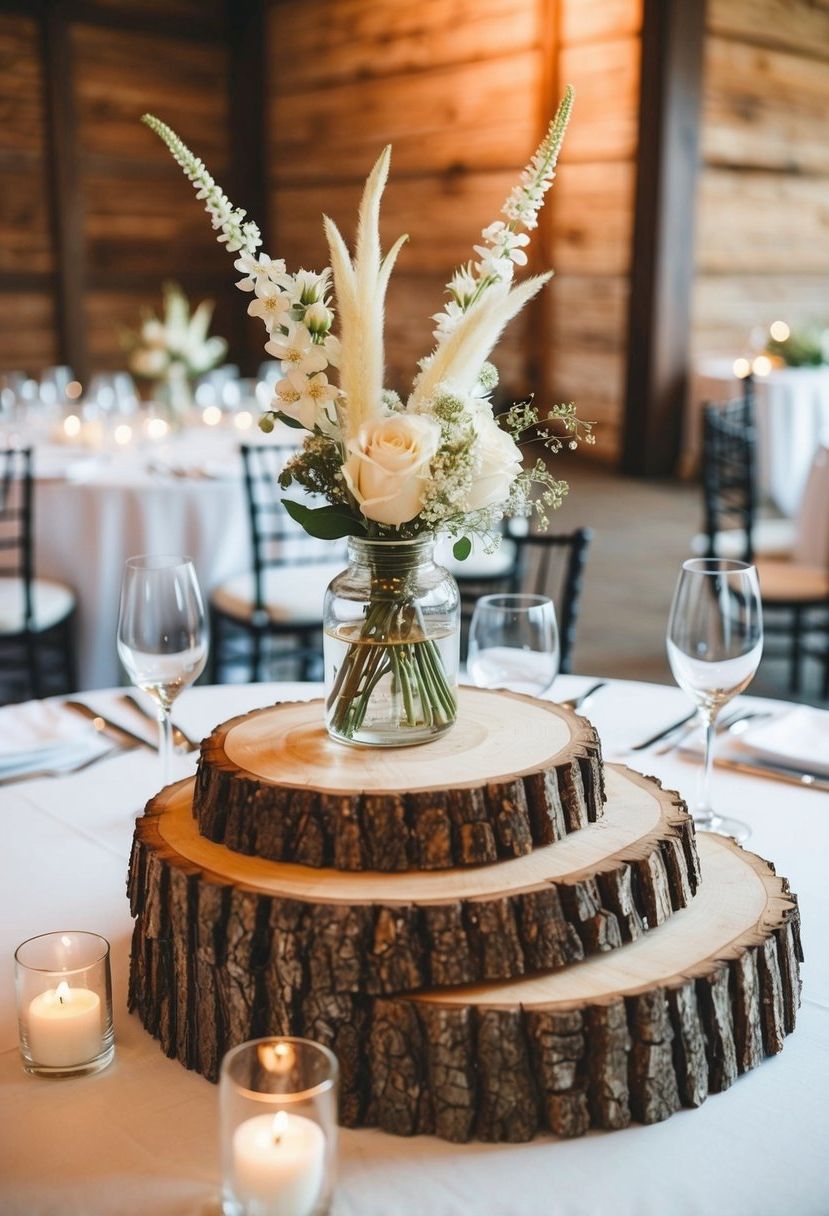 Rustic tree slices, adorned with delicate floral arrangements, grace the elegant wedding reception tables
