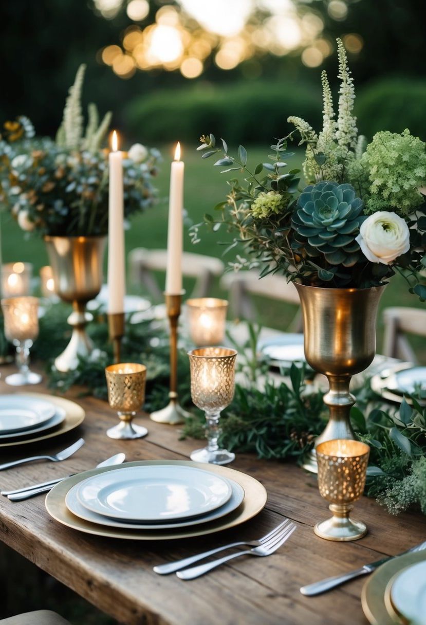 A rustic wooden table adorned with metallic candle holders, cutlery, and vases filled with textured greenery and flowers