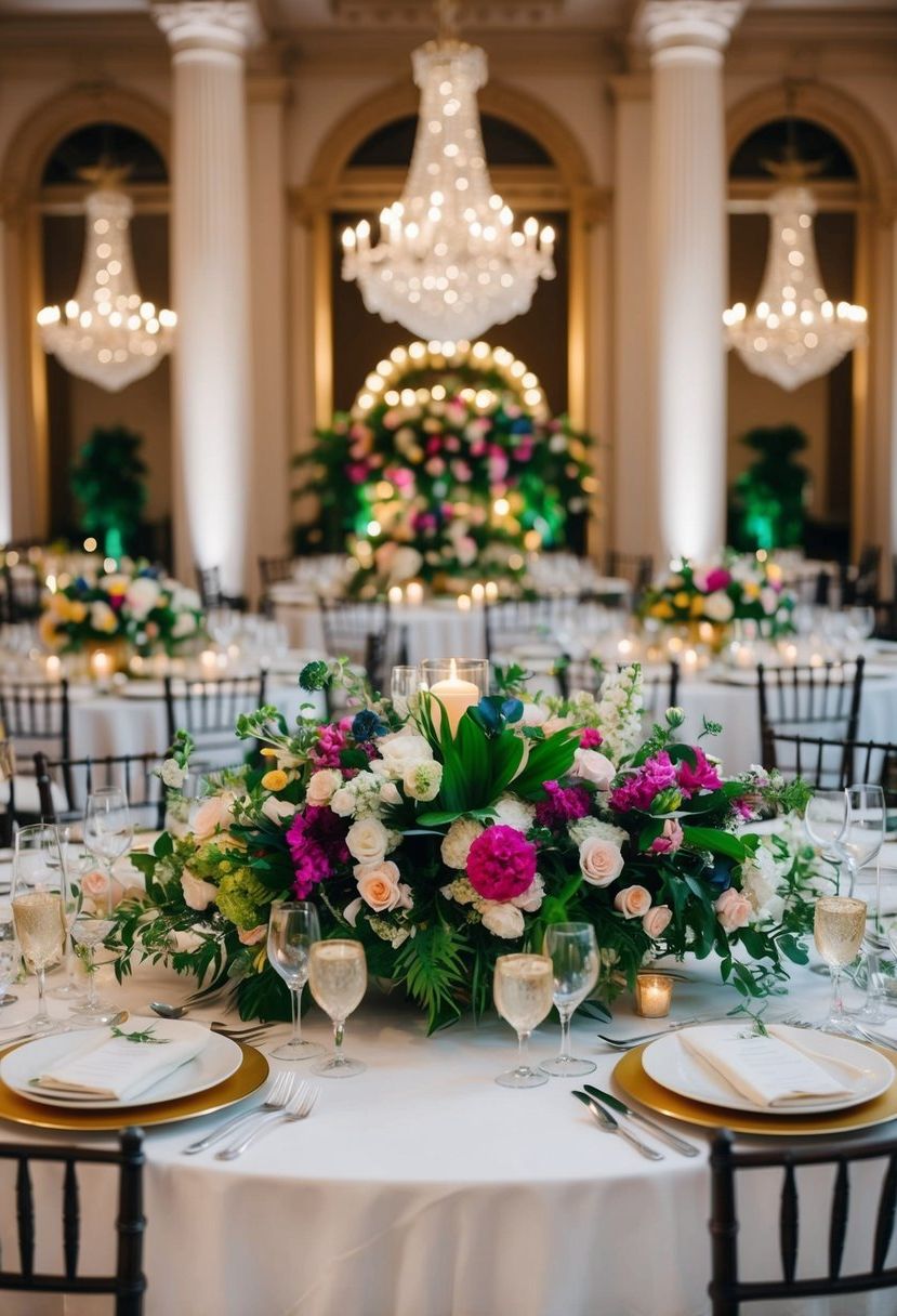 A grand table adorned with lush, vibrant floral centerpieces, exuding elegance and sophistication, perfect for a luxurious wedding celebration