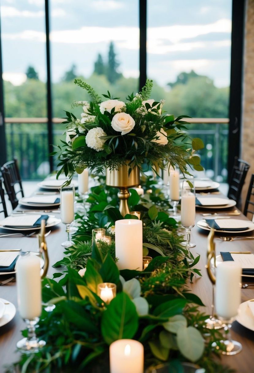 A table adorned with lush greenery and modern decor for an elegant wedding