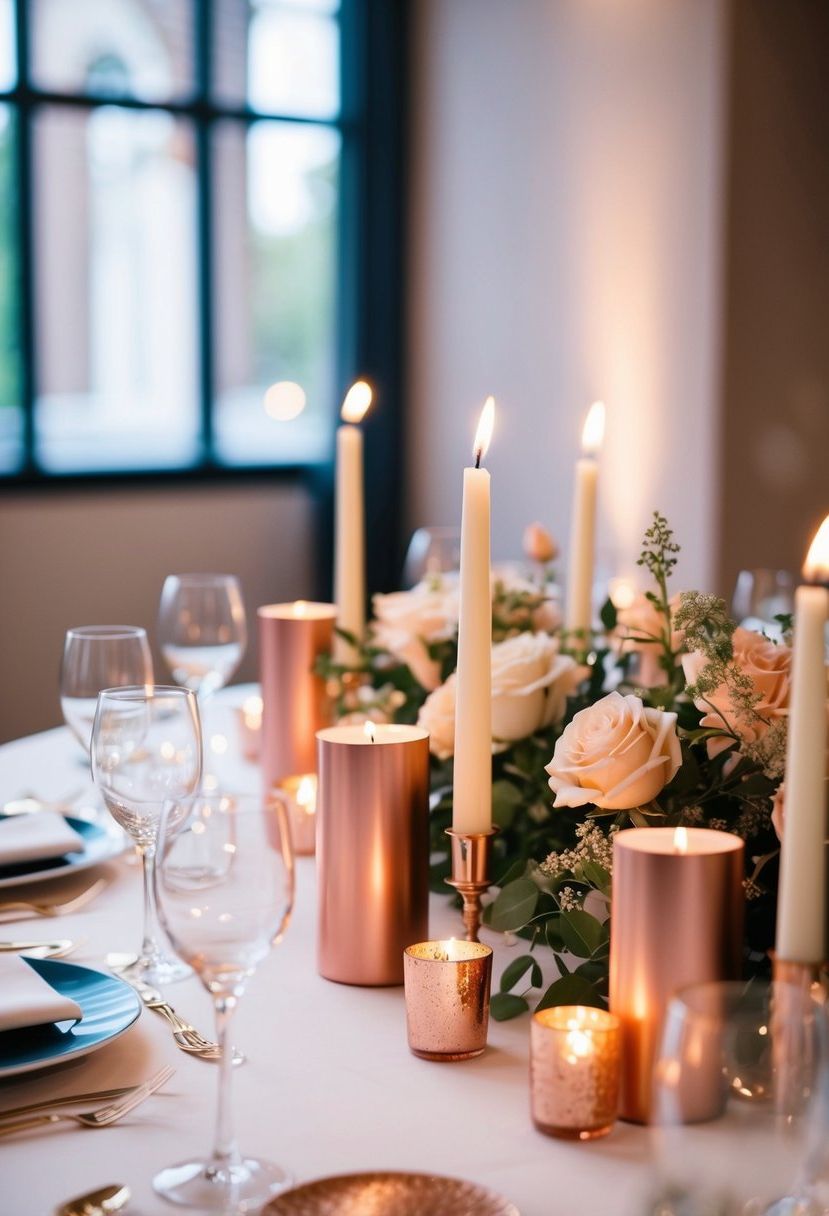 A table adorned with rose gold accented candles for an elegant wedding setting