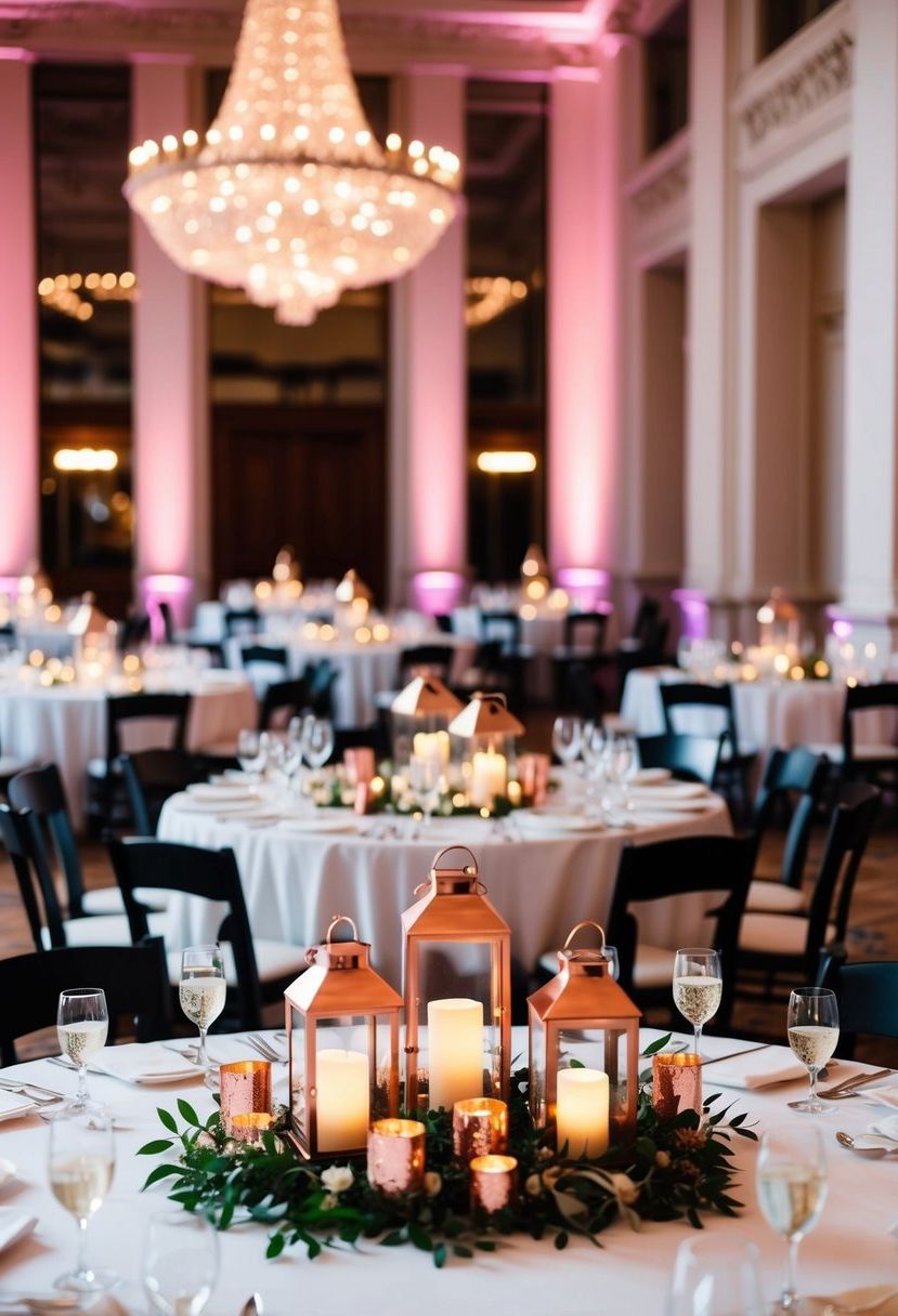 A grand ballroom with round tables adorned with copper lantern centerpieces, casting a warm and romantic glow over the elegant wedding reception