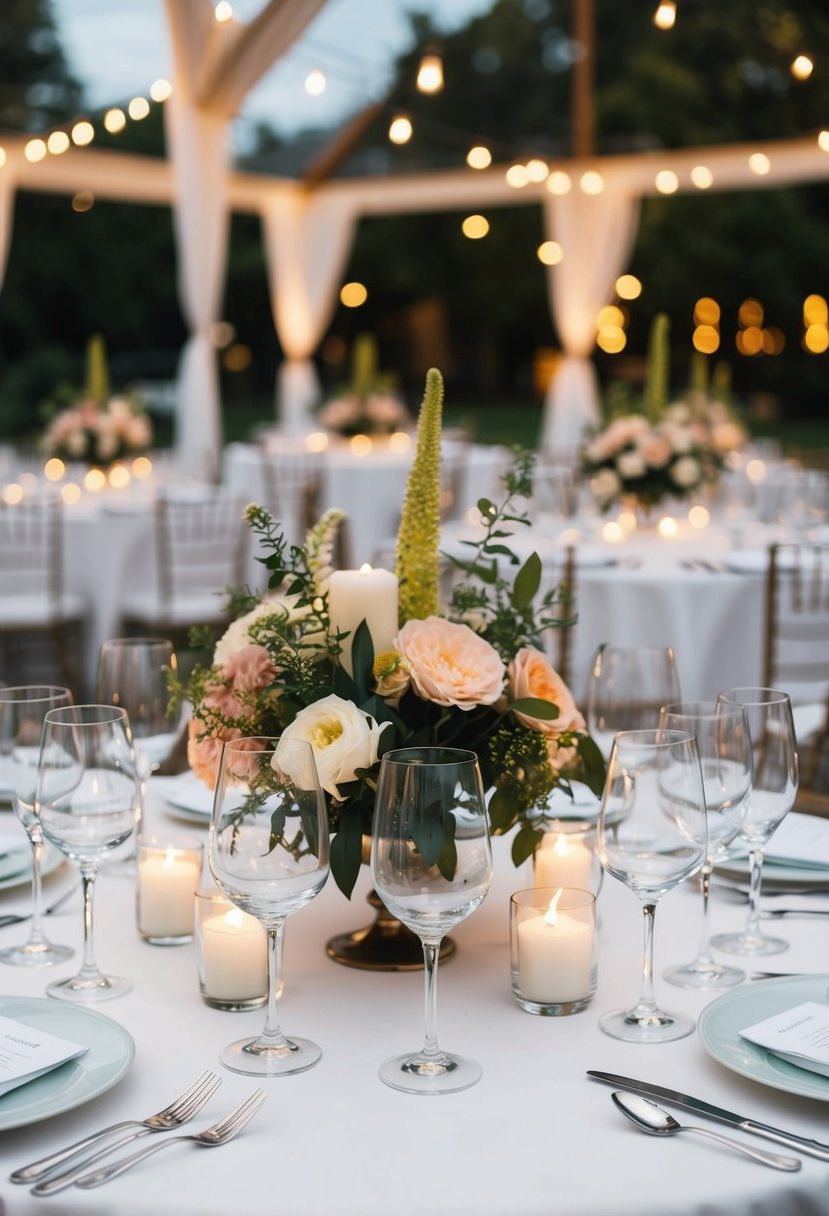 Clear glassware arranged on a white tablecloth with elegant floral centerpieces and candlelight