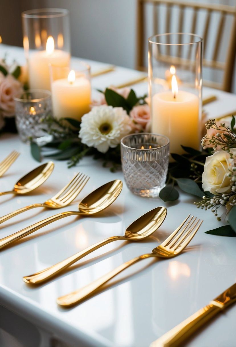 Golden cutlery gleams on a pristine white table, surrounded by delicate floral arrangements and flickering candlelight
