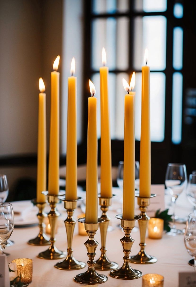Taper candles in elegant holders arranged on a wedding table centerpiece