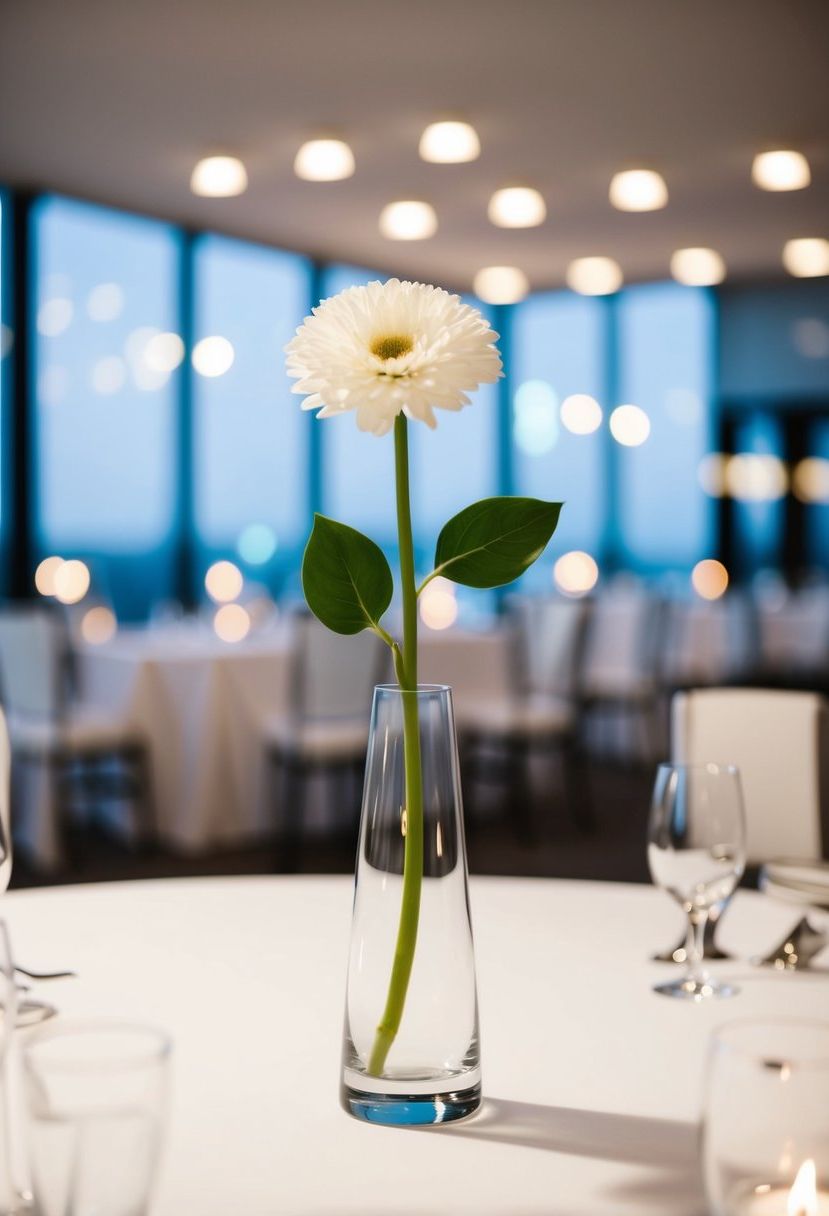 A sleek, minimalist bud vase holds a single bloom as a modern wedding table centerpiece