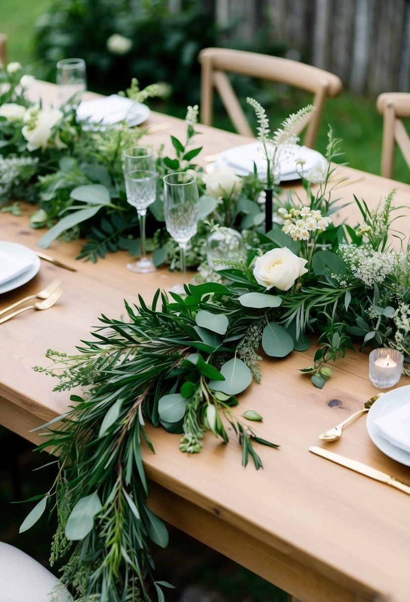 Greenery garlands draped across a wooden wedding table, intertwined with delicate flowers and foliage, creating a natural and organic atmosphere