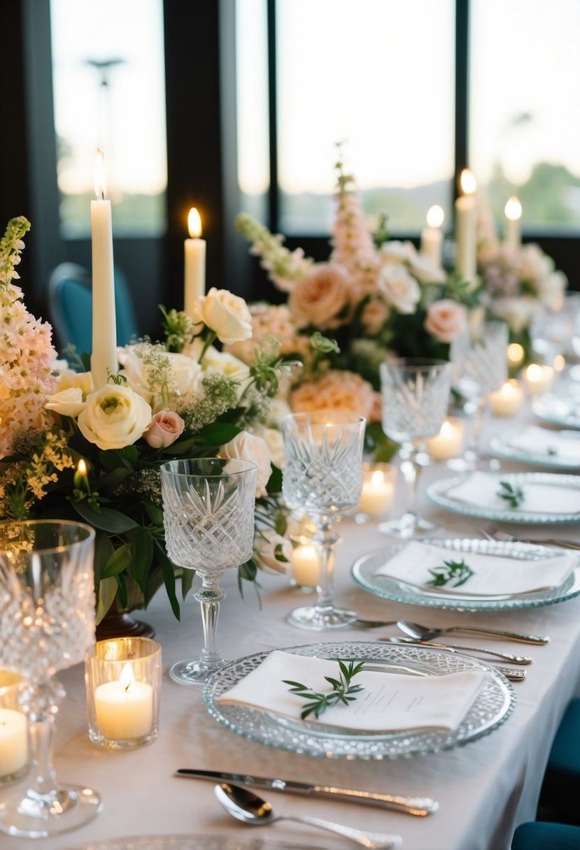 A table set with crystal drinkware, adorned with delicate floral arrangements and flickering candlelight
