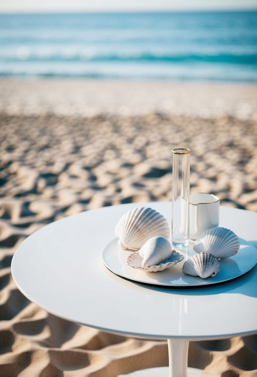 A sleek white table adorned with elegant shells and modern decor, set against a backdrop of a sandy beach and the tranquil ocean