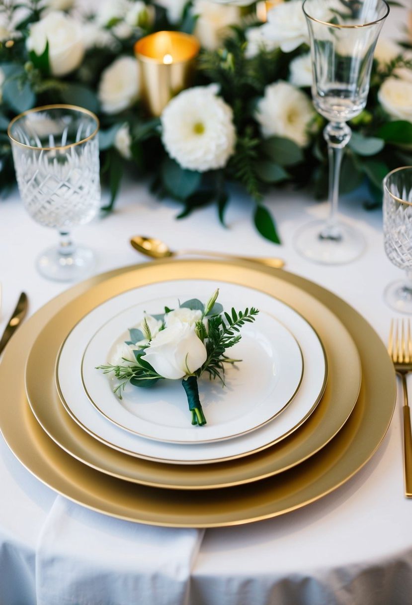Gold-rimmed chargers with sleek, modern tableware, crystal glassware, and fresh floral centerpieces for an elegant, luxurious wedding table setting