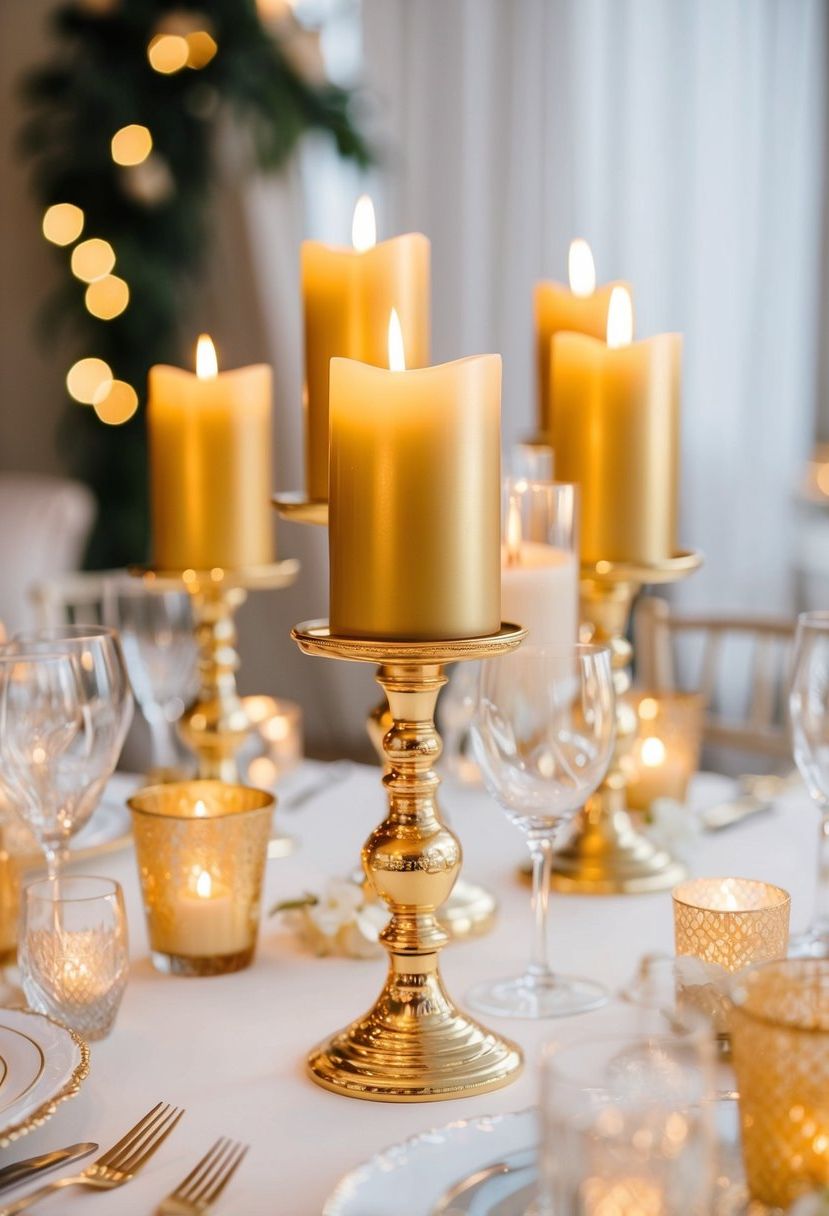 Golden candle holders adorn a beautifully set wedding table, adding an elegant and romantic touch to the decor