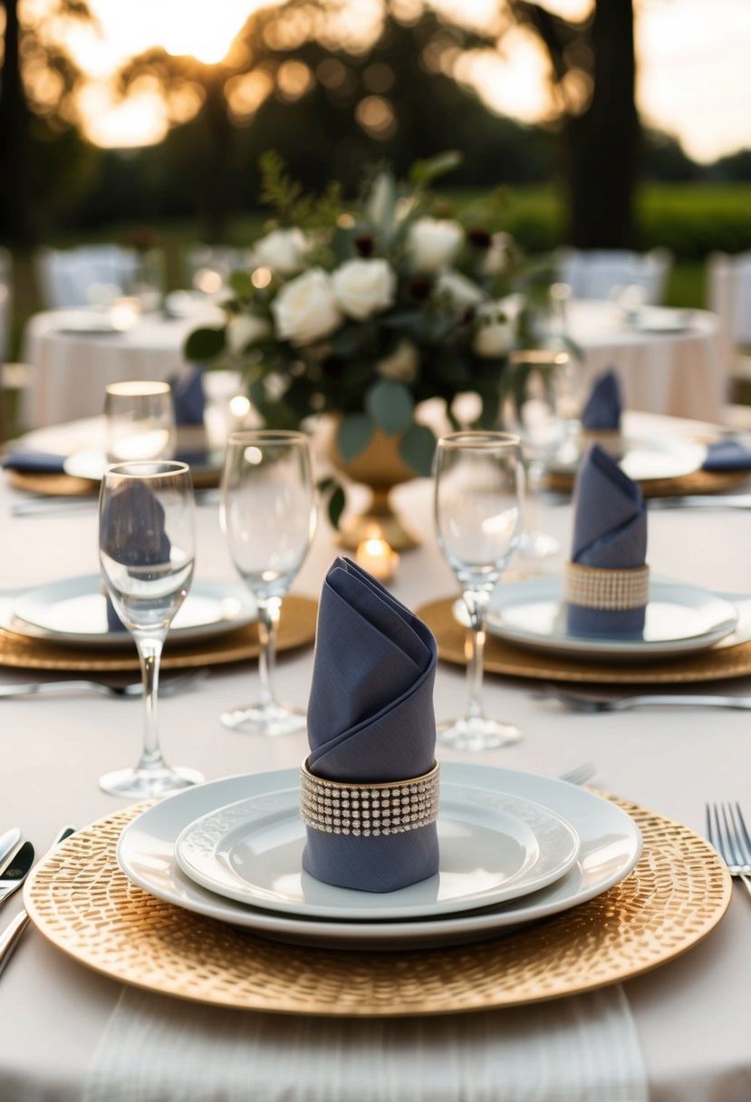 A table set with coordinating napkin rings and linens in elegant wedding decor