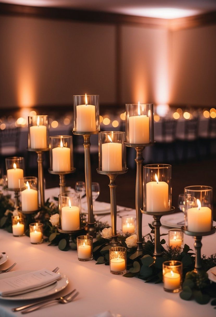 Several multi-level candles arranged on a wedding reception table, casting warm, flickering light and adding dimension to the elegant decor