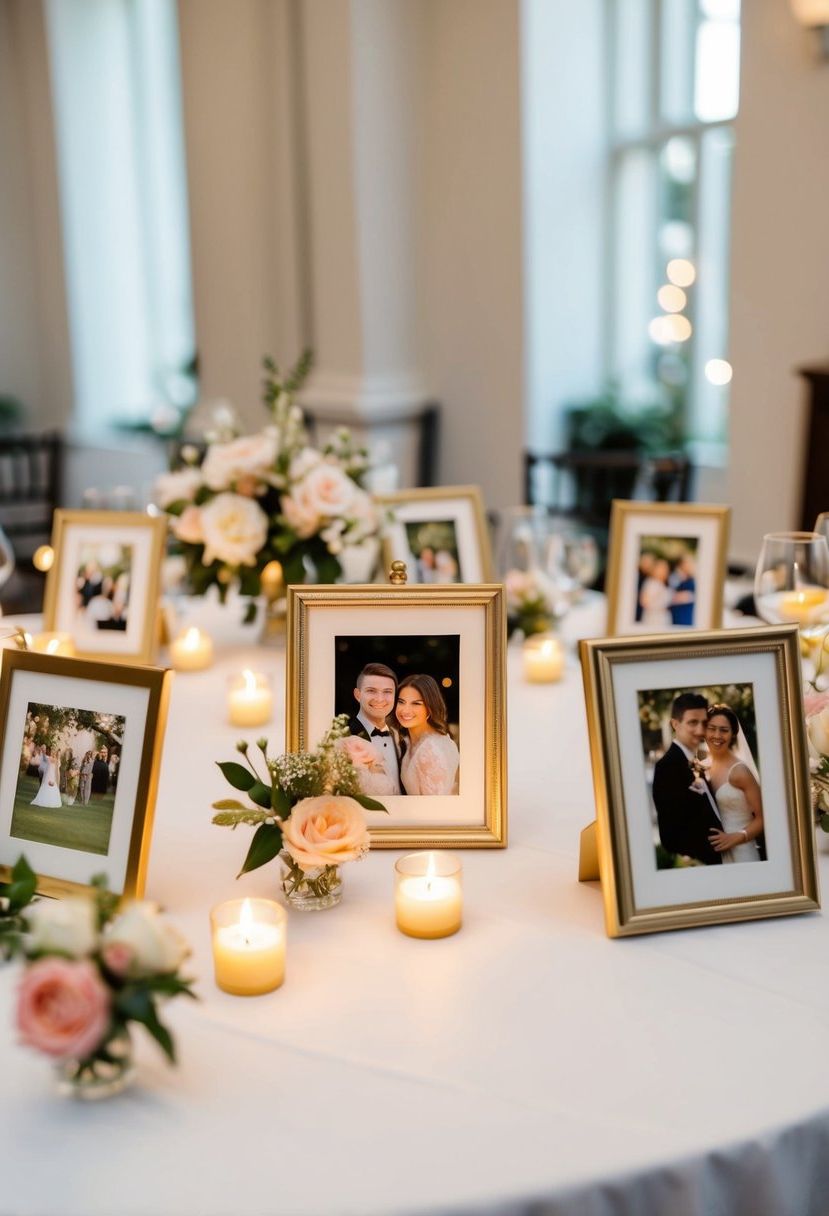 A table with a white tablecloth adorned with personal photos in elegant frames, interspersed with small flower arrangements and flickering candles