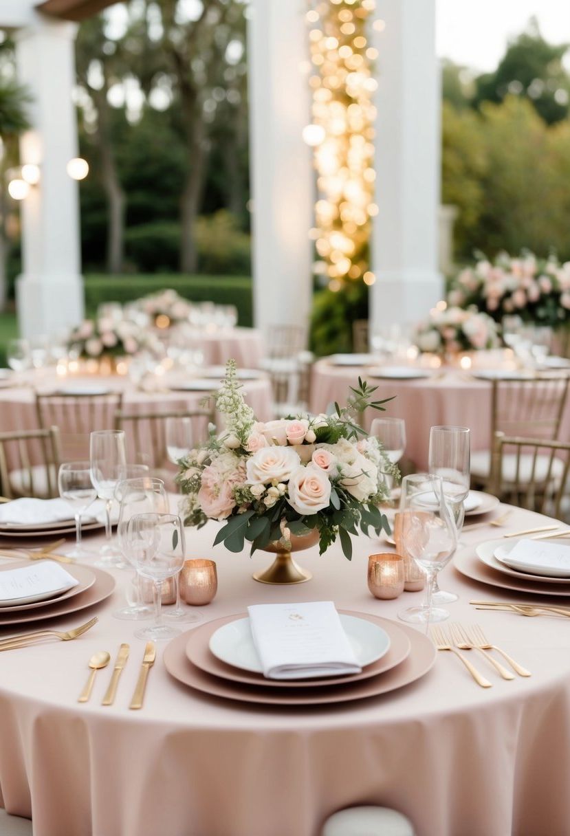 A table set with blush linens, delicate floral centerpieces, and modern place settings exudes an elegant and romantic vibe for a wedding