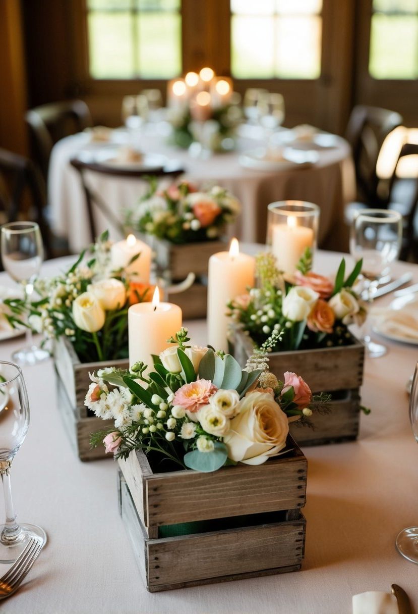 Miniature wooden crates filled with flowers and candles adorn rustic wedding tables