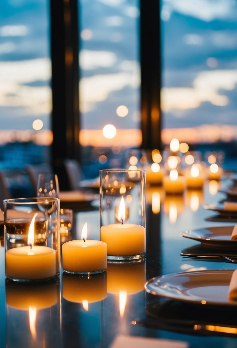 Several floating candles illuminate a sleek, modern wedding table, creating a dreamy and elegant ambiance