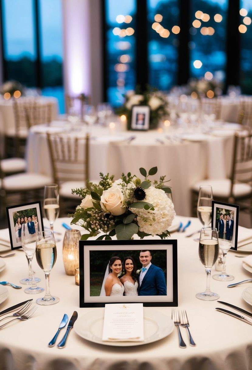 Elegant wedding table settings with photos of the couple at each table