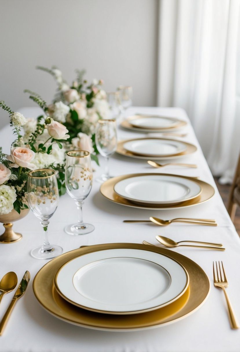 Elegant gold-rimmed plates arranged on a simple white table with delicate floral centerpieces