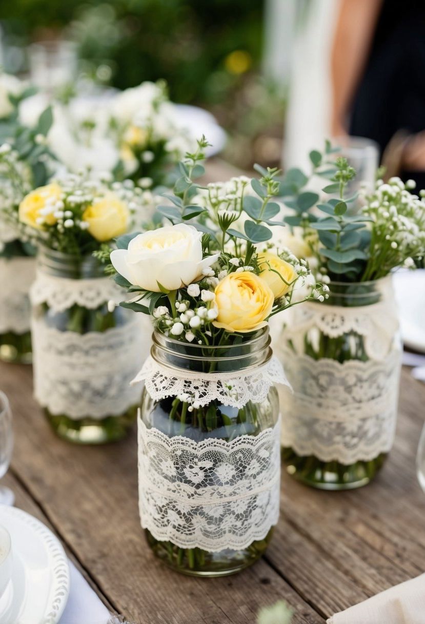 Mason jars wrapped in lace, filled with flowers, adorn a rustic wedding table