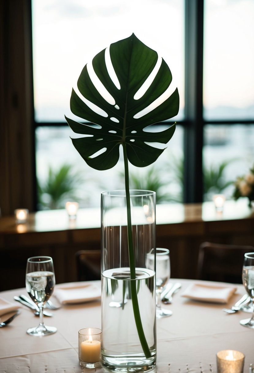 A single Monstera leaf stands in a tall, elegant vase on a wedding table, creating a simple yet sophisticated decoration