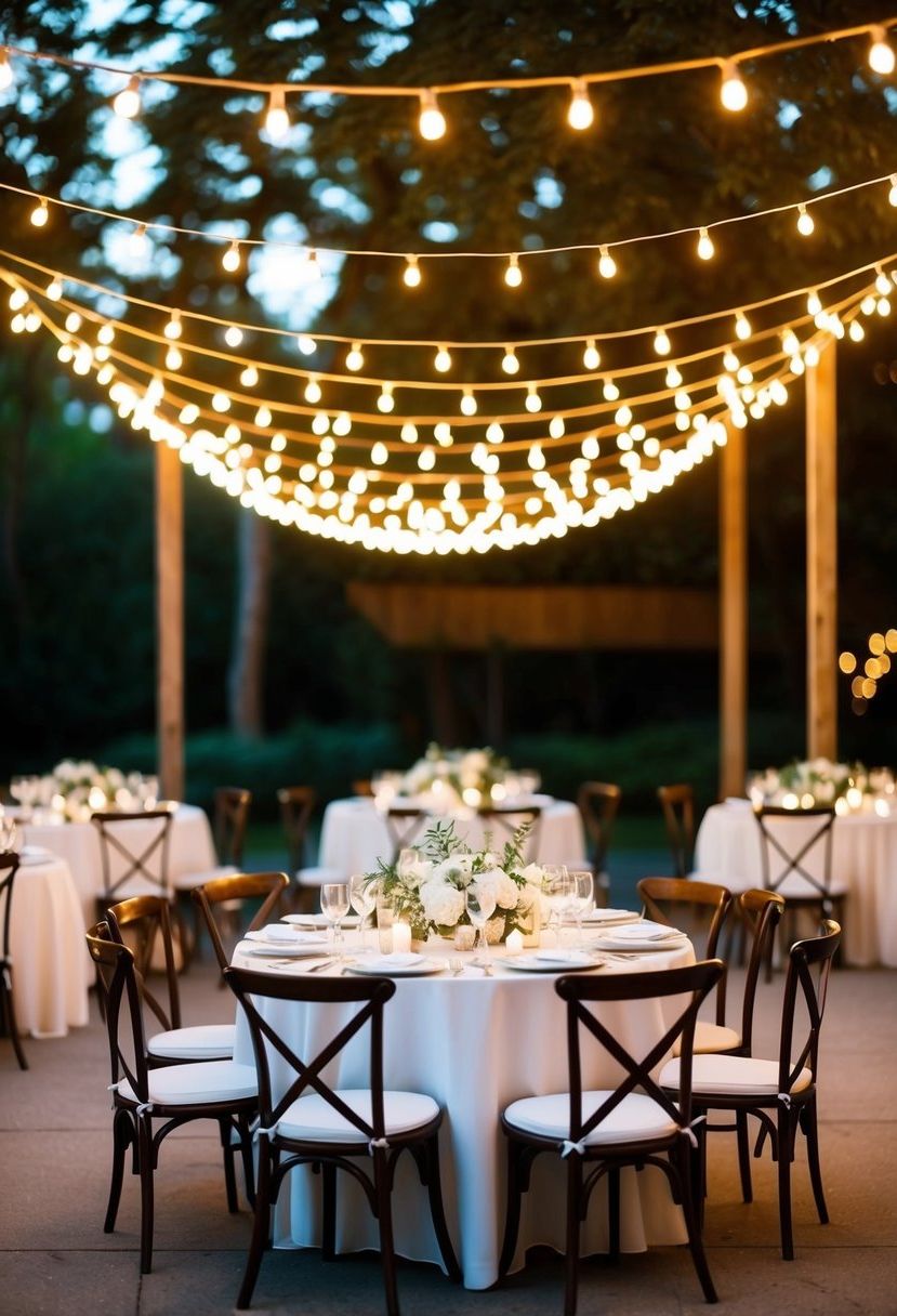 Glowing string lights hang above elegant wedding tables