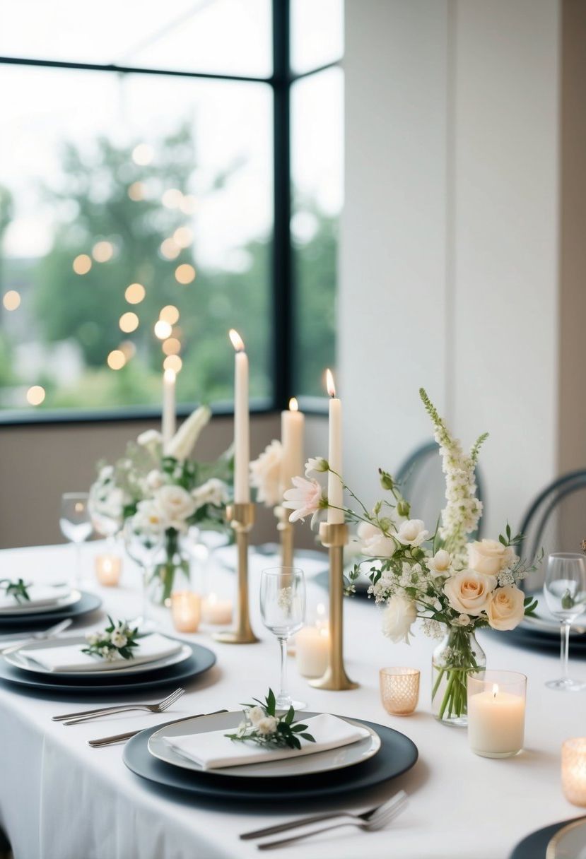 A white table adorned with delicate flowers, candles, and minimalist tableware for an elegant wedding celebration
