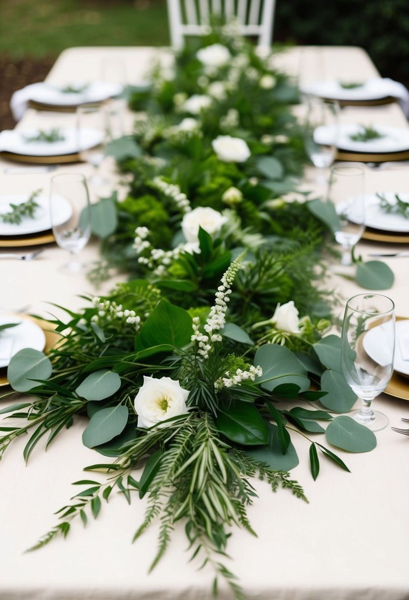 A table runner made of lush greenery, interspersed with delicate white flowers, adorns a simple yet elegant wedding table