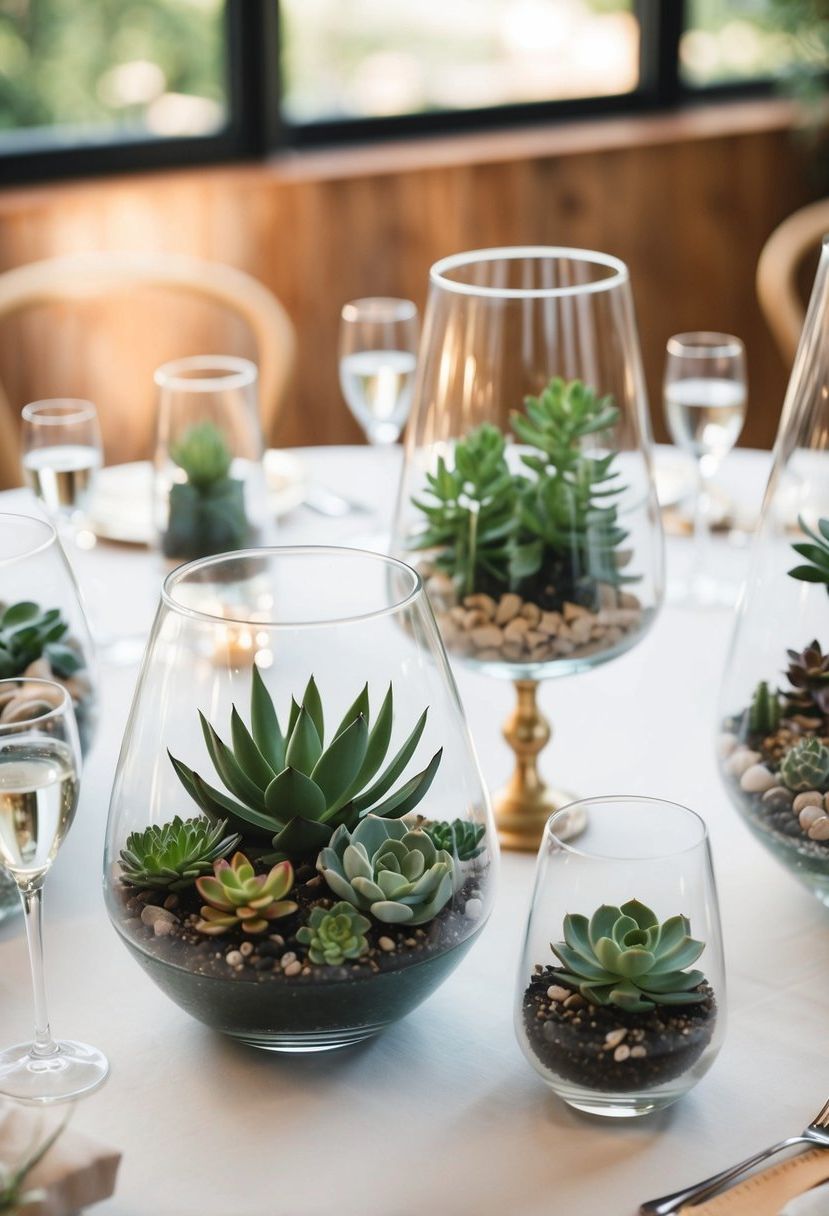 Glass terrariums hold various succulents, creating an elegant and simple wedding table decoration