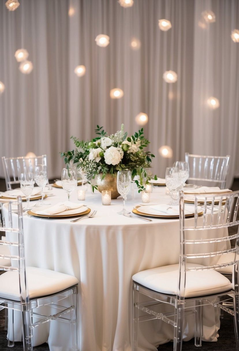 Clear acrylic chairs surround a simple, elegant wedding table adorned with transparent decor