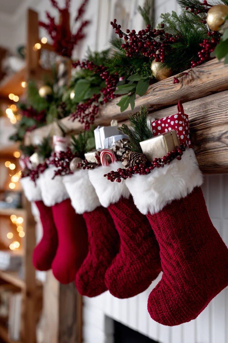 wrap the stocking with a mini garland of faux cranberries and pine sprigs 1