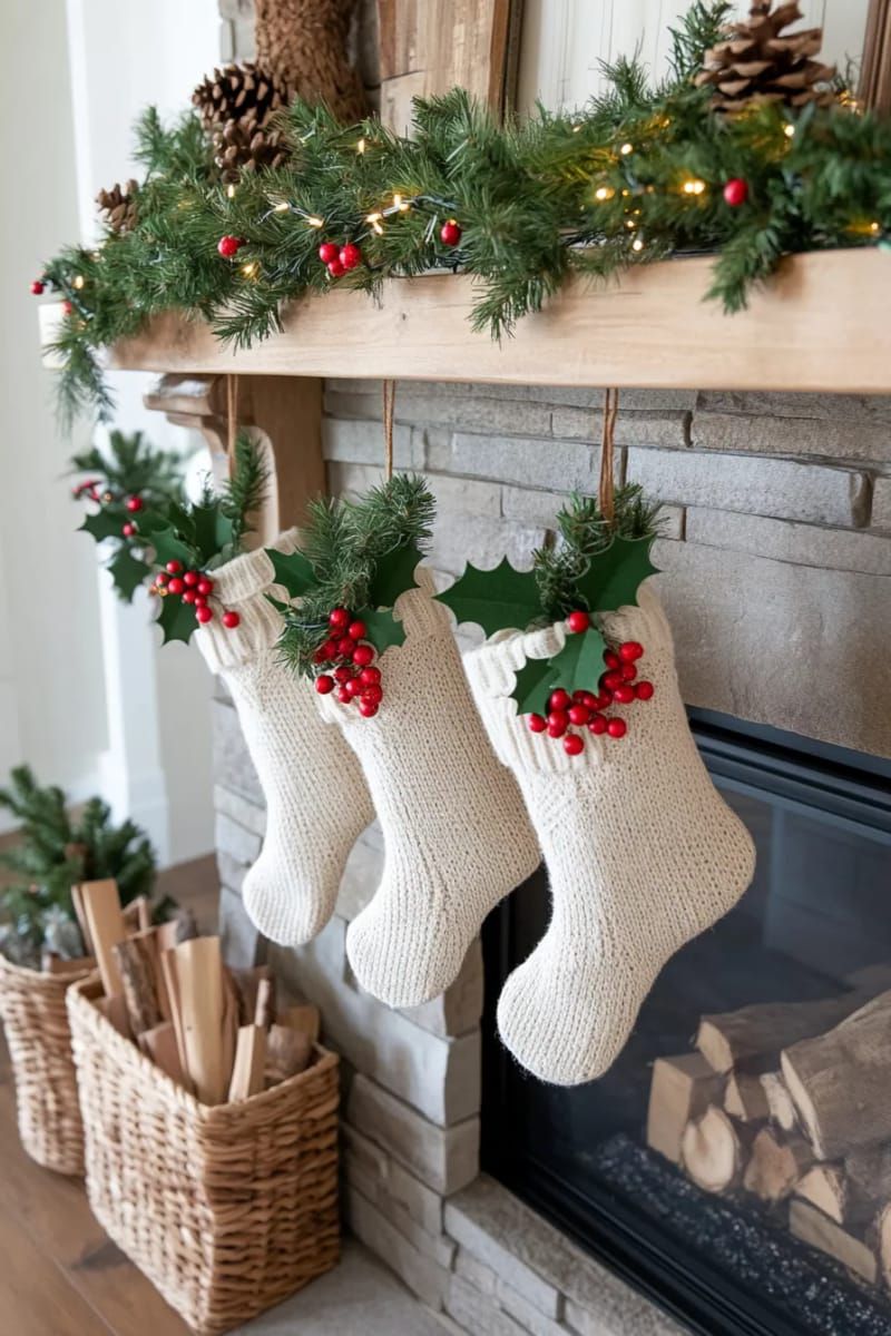 sew felt holly leaves and red berries on neutral stockings for a classic look 1