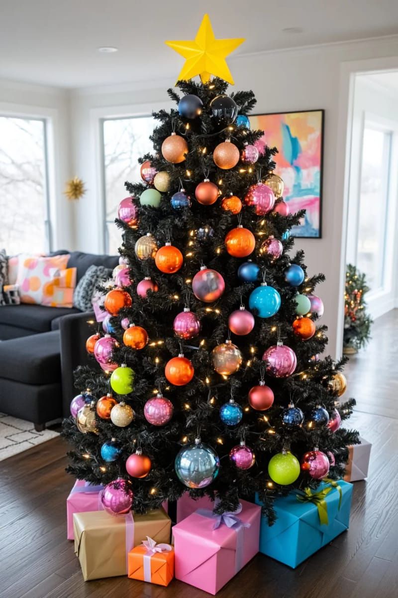 black christmas tree with neon ornaments for a bold, modern contrast 1