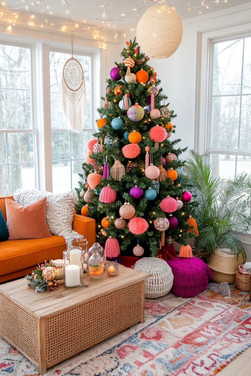 boho chic tree with multicolored pom-poms, tassels, and macrame accents 1