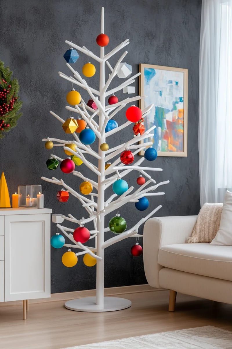 modern minimalist tree with sparse, color-popping geometric ornaments 1