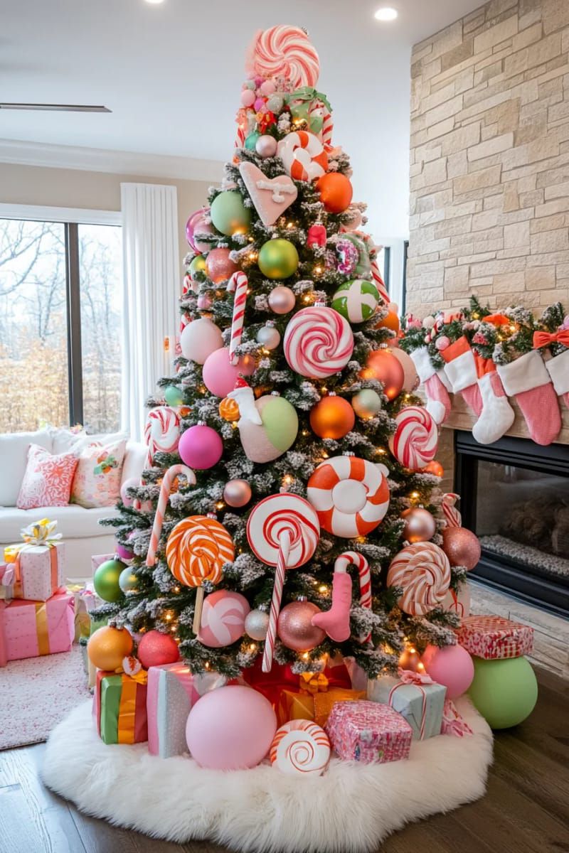 candyland-inspired tree covered in pastel baubles, giant lollipops, and sweets 1