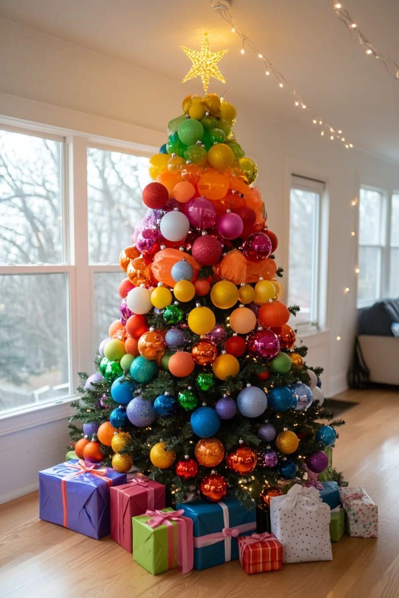 rainbow tree with ornaments organized in vertical color stripes 1