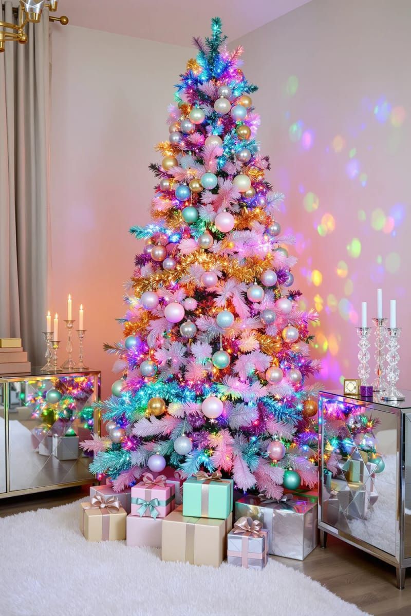 metallic rainbow tree using iridescent ornaments and shimmering garland 1