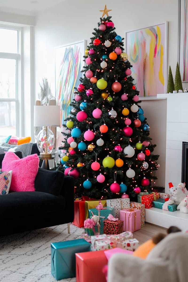 black christmas tree with neon ornaments for a bold, modern contrast 1