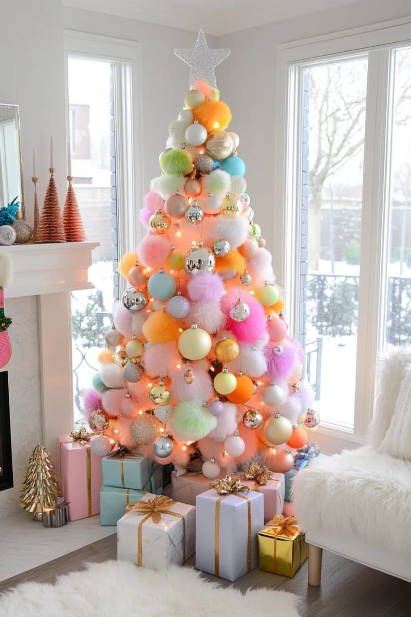 metallic rainbow tree using iridescent ornaments and shimmering garland 1