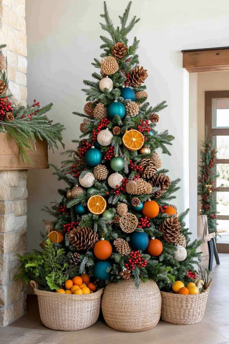 nature-inspired tree with painted pinecones and colorful dried citrus slices 1