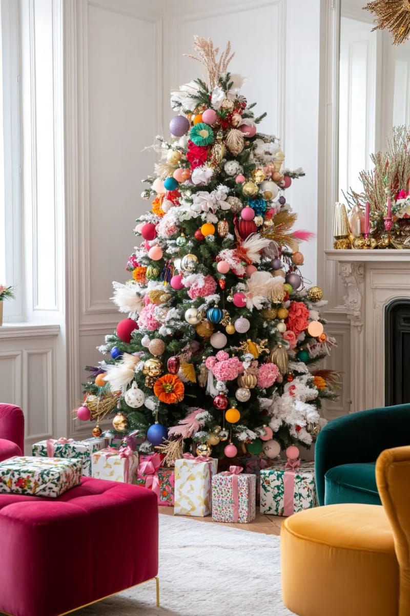maximalist tree loaded with multicolor baubles, ribbons, and floral picks 1