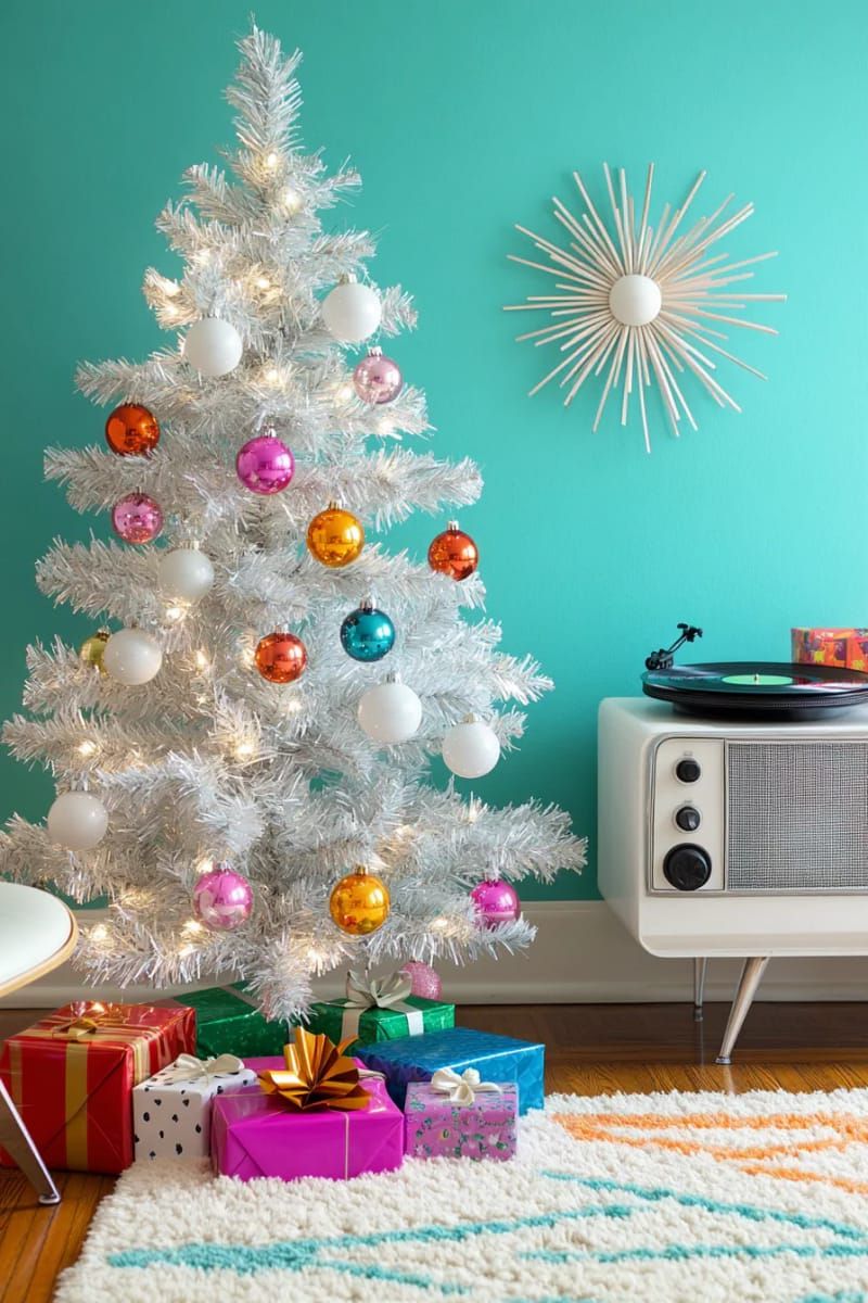 retro tinsel tree with bright bulbs and space-age midcentury ornaments 1