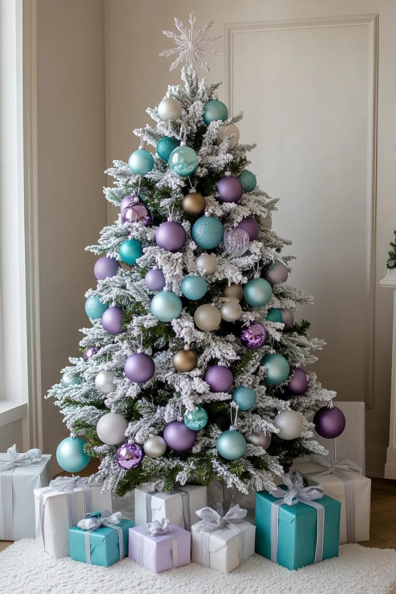 elegant flocked tree with icy blue, lavender, and silver ornaments 1