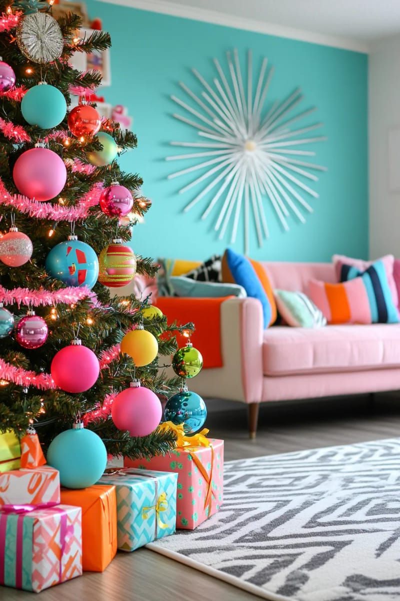retro neon christmas tree with bold ornaments and vintage-style tinsel garlands 1