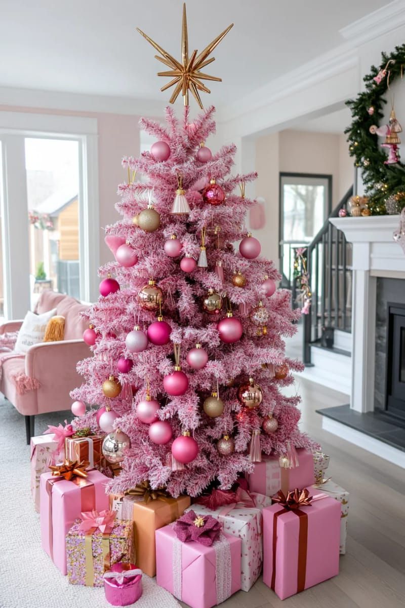 barbiecore pink tree with blush, magenta, and rose gold accents 1